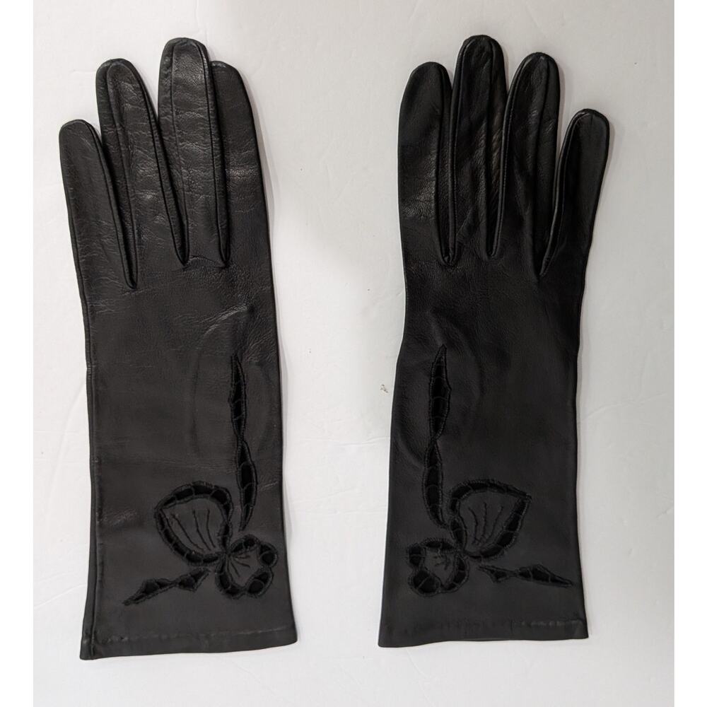Vintage 1950s Black Leather Evening Gloves Flower Cutwork Dark Coquette Small